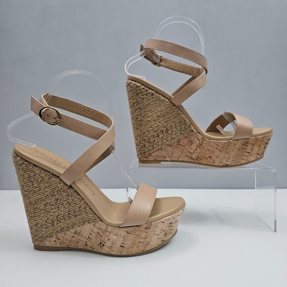NEW Stuart Weitzman 5050 Wedge Womens 9 Tan Leather Raffia Cork Platform Heel - Picture 3 of 13